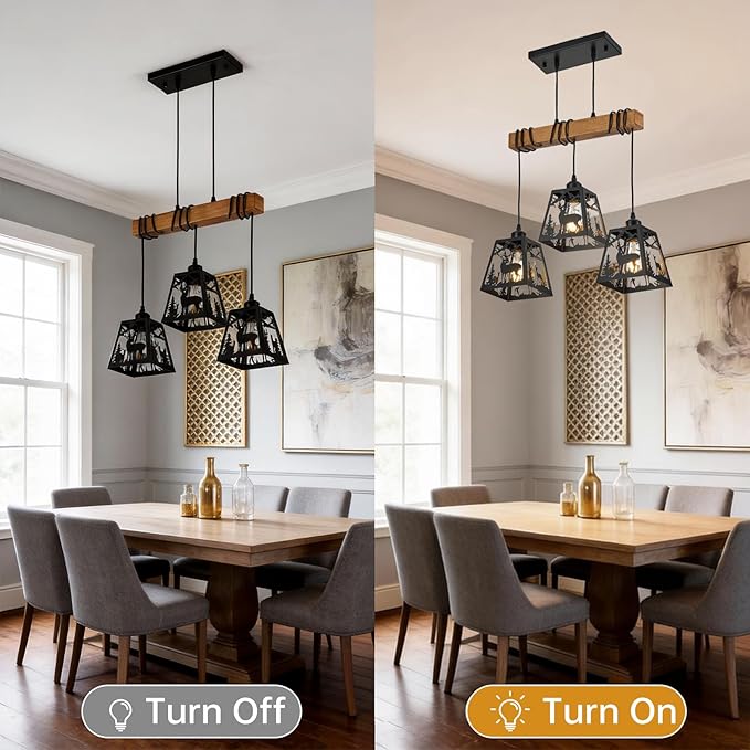 3-Lights Farmhouse Dining Room Pendant Light Fixtures, Rustic Solid Wood Kitchen Island Lighting Hanging with Deer Metal Shades for Restaurant, Kitchen Island, Hallway