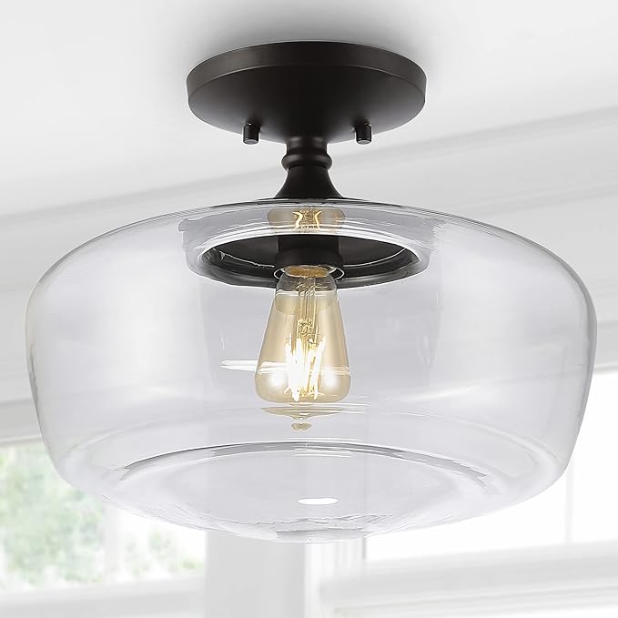 JONATHAN Y 14" Oil Rubbed Bronze Modern Farmhouse LED Flush Mount Light Fixture, Clear Glass Shade, Rustic Industrial Schoolhouse Lamp for Kitchen Hallway Bedroom JYL7517A