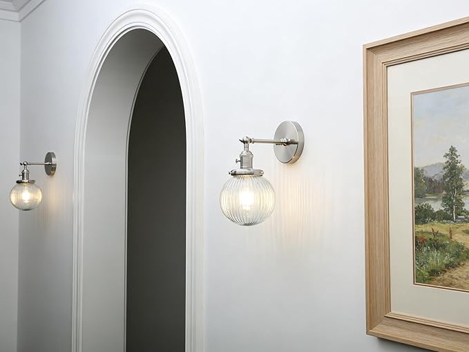 PERMO Sconce with Switch Industrial Gold Wall Sconce Lighting with Ribbed Globe Lampshade (Brushed, 1 Light-Hardwired)
