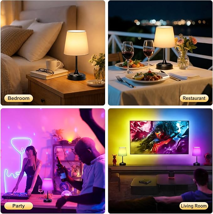 Wowag Small Cordless Table Lamp Rechargeable,5000mAh Battery Operated Desk Lamp,3 Colors & 7 RGB Stepless Dimmable,Touch Ambient Light for Bedside,Bedroom,Dining Room,Living Room,Black,WhiteShade