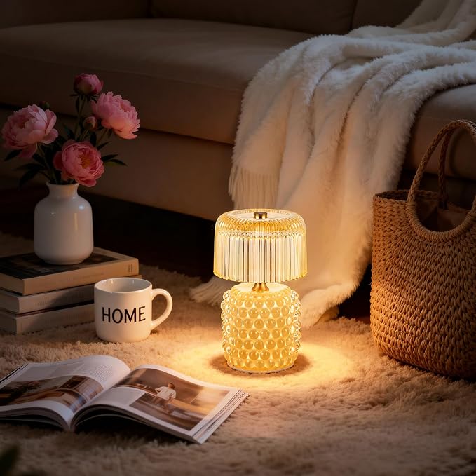 Small Battery Operated Lamp with Timer, Tiny Cordless Glass Table Lamp for Home Decor, Kitchen, Bathroom, Birthday Gift for Women, Pearl, Yellow