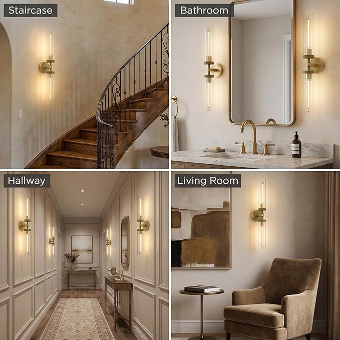 Brass Gold 2-Light Knurled Wall Sconces, 30in Double Glass Sconces Wall Lighting, Bathroom Vanity Light Sconces, Wall Lights for Living Room Bedroom Hallway Kitchen Bathroom Mirror