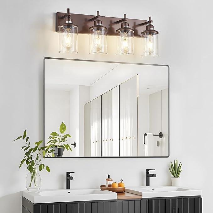 Lanhall 4-Light Bronze Bathroom Light Fixtures Over Mirror, Modern Bathroom Vanity Light with Clear Glass Shade, Wall Sconce for Bathroom Hallway Cabinet Bedroom
