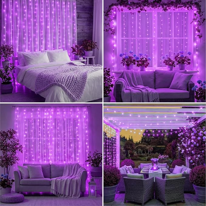 Curtain Light for Bedroom, 200LED 6.6x6.6ft Purple Window Wall Hanging Fairy Curtain String Light, 8 Modes Remote Fairy String Lights Indoor for Wedding Party Home Garden Decorations