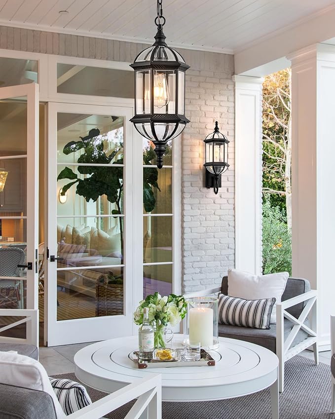 VIANIS 20" Large Outdoor Pendant Light, Black Outdoor Chandelier for Porch with Tempered Beveled Glass, 1-Light Adjustable Outdoor Chandelier for Entryway, Gazebo, Anti-Rust, 100% Aluminum