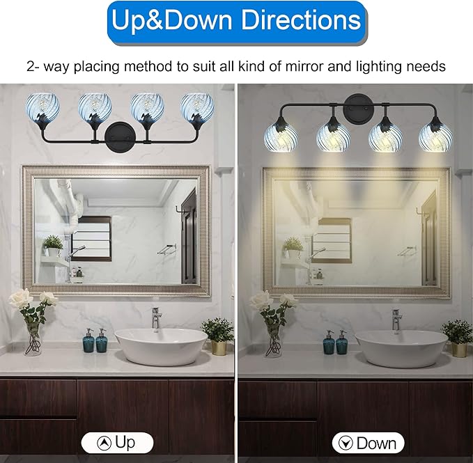 MELUCEE Bathroom Light Fixtures Black Vanity Light with Blue Striped Swirl Glass Shade, 4 Light Modern Wall Light Fixtures for Mirror Kitchen Living Room Bedroom Hallway