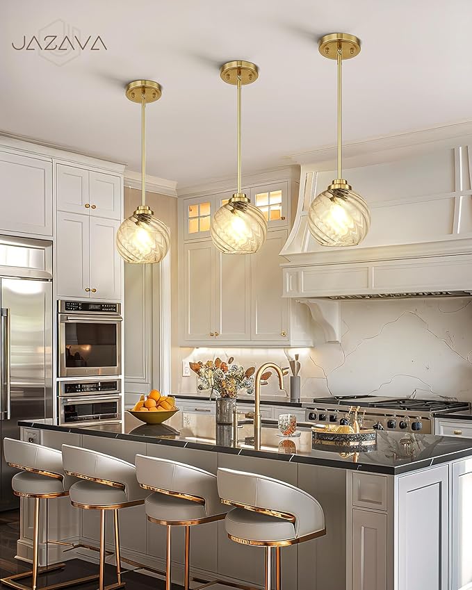 8 Inch Modern Farmhouse Pendant for Kitchen Island, Adjustable Height Hanging Fixture with Ribbed Glass, Gold Finish, Dining Room Entryway - PL101SBG-L