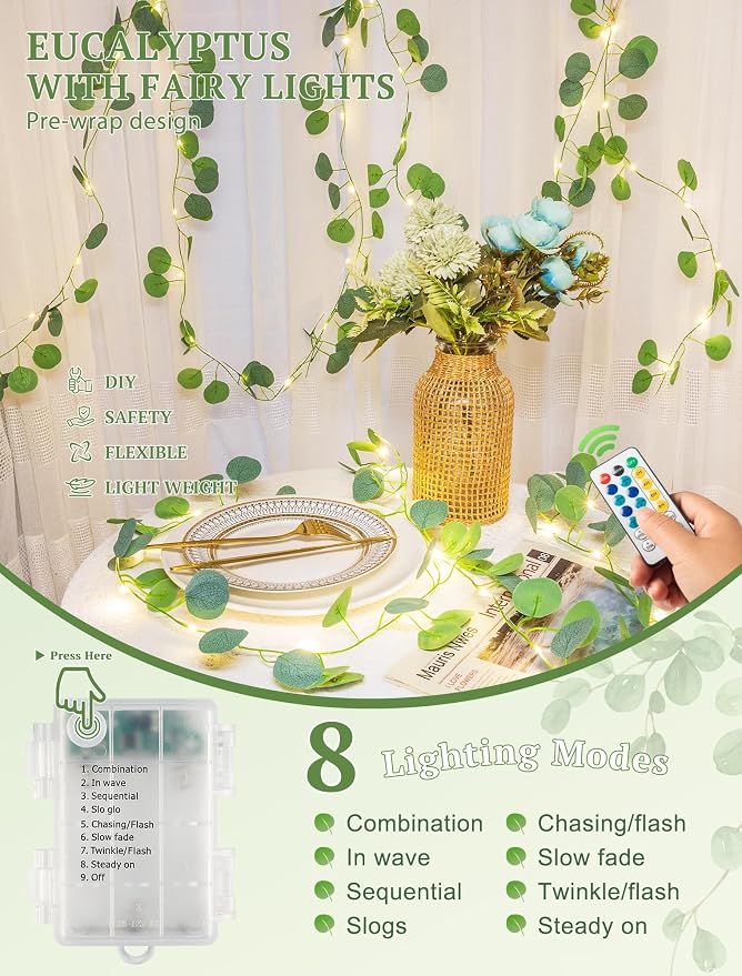 Vines with Fairy Lights,13ft Eucalyptus Garland String Lights USB/Battery Operate,40 LED Fake Leaf Twinkle Lights for Wedding,Birthday,Dorm,Bedroom,Curtain, Photo,Wall Decor(Warm White)