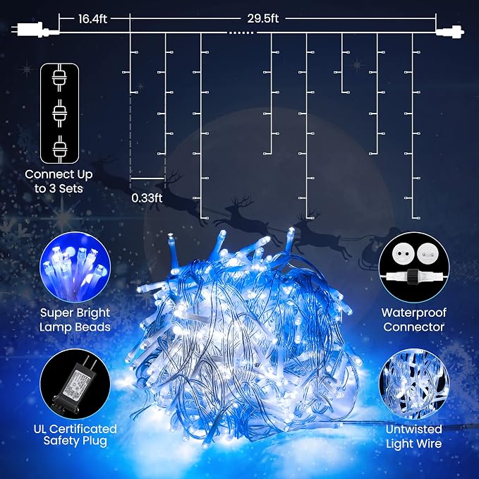 Toodour White & Blue Christmas Icicle Lights, 29.5ft 360 LED Icicle Lights, 8 Modes, 60 Drops, Window Curtain Led Christmas Light, Icicle Twinkle Light for Eaves, Party, Wedding, Xmas Decorations