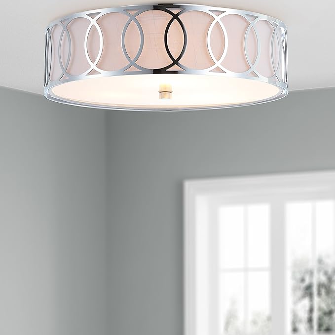 JONATHAN Y 13.25" Chrome Modern Metal LED Flush Mount Ceiling Light for Bedroom Hallway, White Linen Drum Shade with Geometric Fretwork, LED Bulbs Included (JYL3503B)