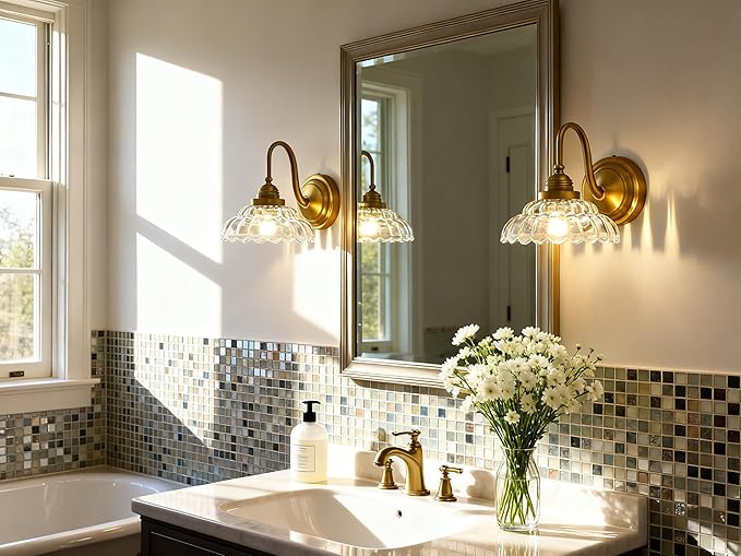 PERMO Vintage Gold Wall Sconce with Clrar Lotus Glass Shade Hardwired Bathroom Vanity Light for Mirror, Bedroom & Hallway