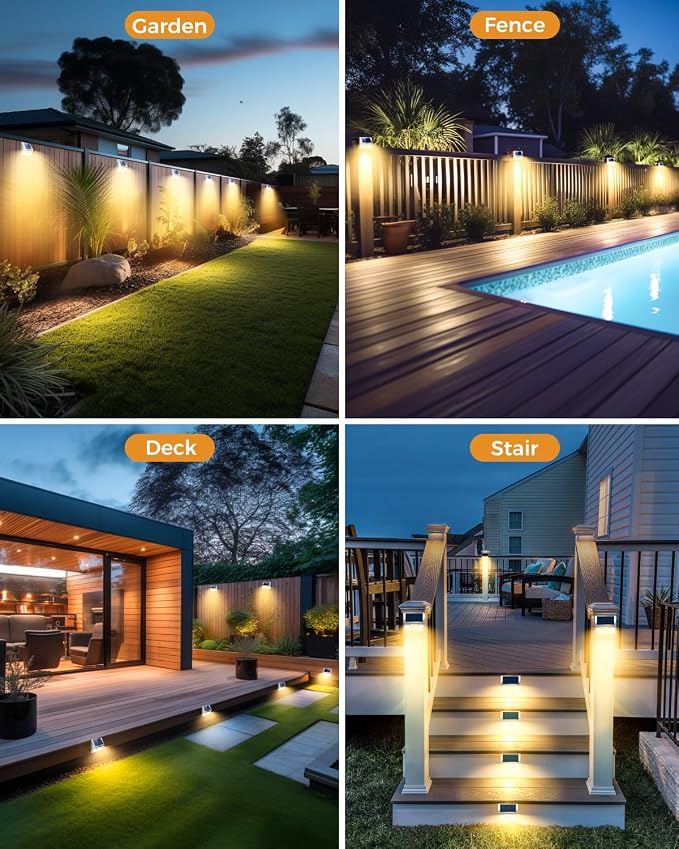vighep 4 Pack Solar Lights Outdoor Motion Sensor, Waterproof Fence Lights 3 Lighting Mode, Warm White LED Outside Light Wireless for Fence Wall Yard Steps Stairs Garden -Stainless Steel