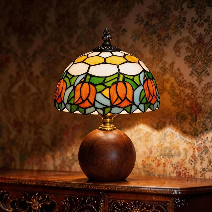 12.2" Tiffany Style Lamp, Handcrafted Stained Glass Table Lamp with Solid Wood Base, 3-Color Dimmable Bedside Lamp for Nightstand & Bedroom, Vintage Aesthetic Accent Light