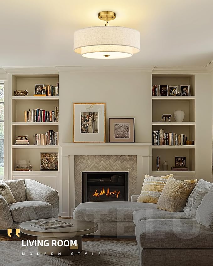 AUTELO 18" Semi Flush Mount Ceiling Light, 3-Light Farmhouse Ceiling Light in Brushed Gold Finish with Drum Fabric Shade, Gold Light Fixtures Ceiling Mount for Hallway Bedroom Kitchen, C2506 BG-18