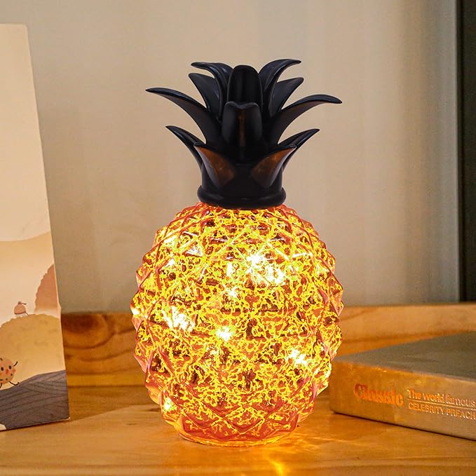 Romingo Mercury Glass Pineapple Lamp 9 Inch Batteries Operated Night Light with Timer for Living Bed Room, Women's Gift for Wife Girl Friend, Orange