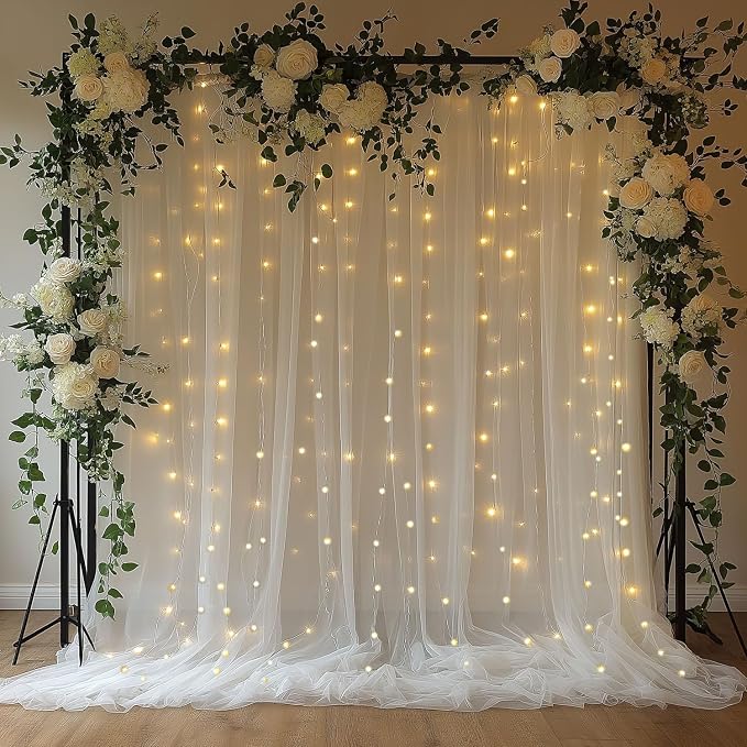 10x10ft White Tulle Backdrop Curtain with Lights String Sheer Drapes for Wedding, Birthday, Baby Shower, Bridal Shower, Photo Booth, Party, Home Decor (2 Panels, White)