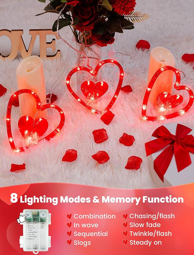 Valentines Day Window Lights,45LED Love Hearts String Lights for Bedroom,Timer Memory Hanging Curtain Light 8 Mode,USB/Battery Operate Valentines Light for Wedding Anniversaries Party(Red)