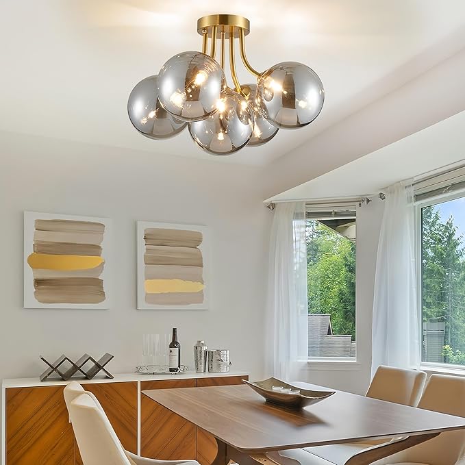 Gold Bubble Glass Chandelier 5-Light, Glass Sputnik Flush Mount Ceiling Light for Living Room, D16'' x H12'', G9*5 Sockets, Globe Bubble Light Chandelier with Grey Ball Smooth Shade
