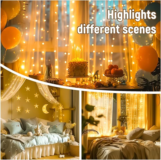 HXWEIYE 300LED Untangled Curtain Lights, 9.8x9.8Ft USB Fairy Twinkle String Lights with Remote and DIY Timer, 8 Modes Window Wall Hanging Light for Bedroom Dorm Backdrop Room Decor, Warm White