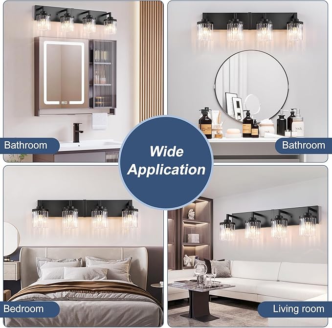 Modern Crystal Bathroom Light Fixtures, 4 Light Black Farmhouse Vanity Lights, with Crystal Glass Shade, Industrial Bathroom Lighting Fixtures Over Mirror Wall Light for Bedroom Living Room