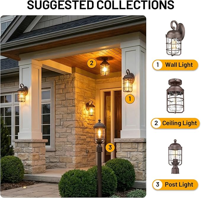 Outdoor Ceiling Lights for Porch with Dusk to Dawn Sensor, Outdoor Semi Flush Mount Ceiling Light Fixture with Water Ripple Glass for Front Porch Entryway Patio