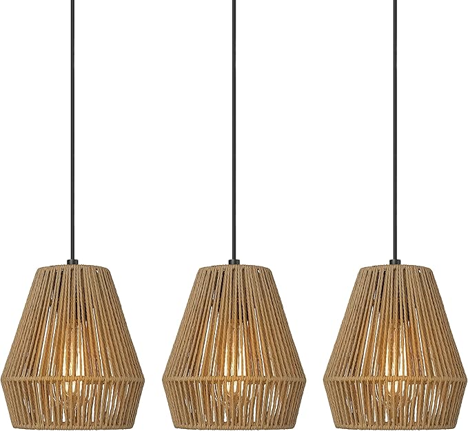 ELYONA 3 Pack Woven Pendant Lights, 7” Modern Boho Hanging Lamp with Handwoven Woven Rattan Shade, Adjustable Farmhouse Coastal Pendant Light Fixtures for Kitchen Island,Dining Room,Bar, Foyer Hallway