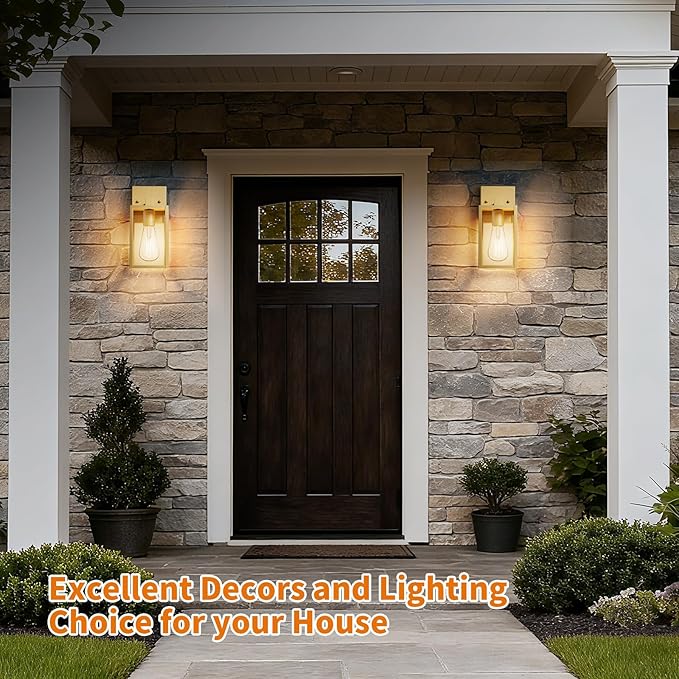 Outdoor Light Fixtures Wall Mount, Waterproof Front Porch Lights, Modern Exterior Lighting Fixtures with E26 Socket, Gold Wall Sconces Lantern Lamp, Outside Lights for House, Garage, Patio (2 Pack)