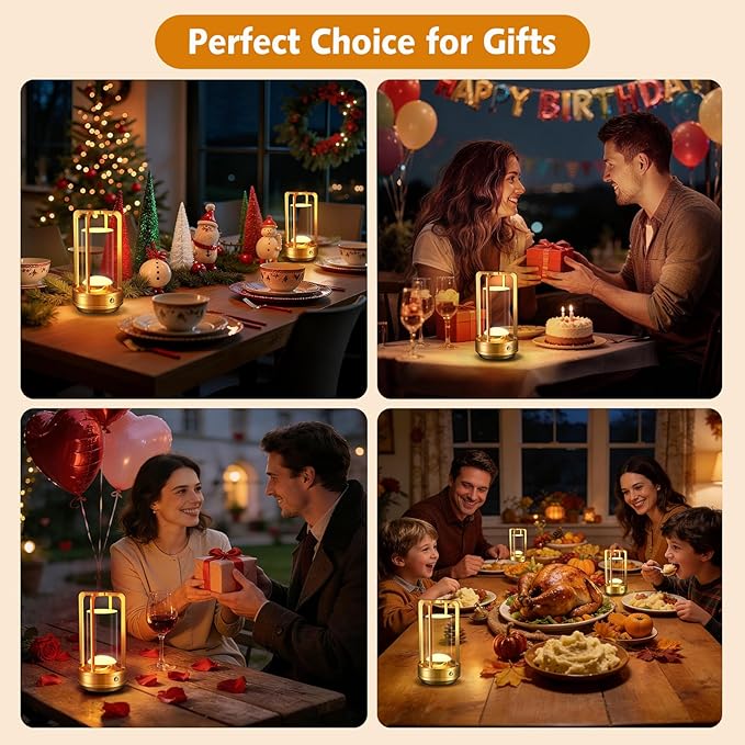 Rechargeable Table Lamp for Outdoor Indoor: Cordless Portable Table Lamps with 3 Color Stepless Dimmable - LED Metal Battery Operated Lantern - Small Table Lamp for Bedroom/Bar/Coffee Shop/Camping