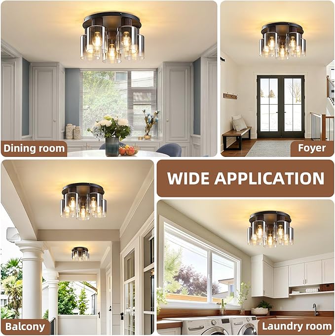 5-Lights Semi Flush Mount Ceiling Light Kitchen Lighting Fixtures Ceiling Black Walnut Wood Kitchen Cieling Light Fixtures with Clear Glass Shade for Dining Room Entryway Foyer Hallway