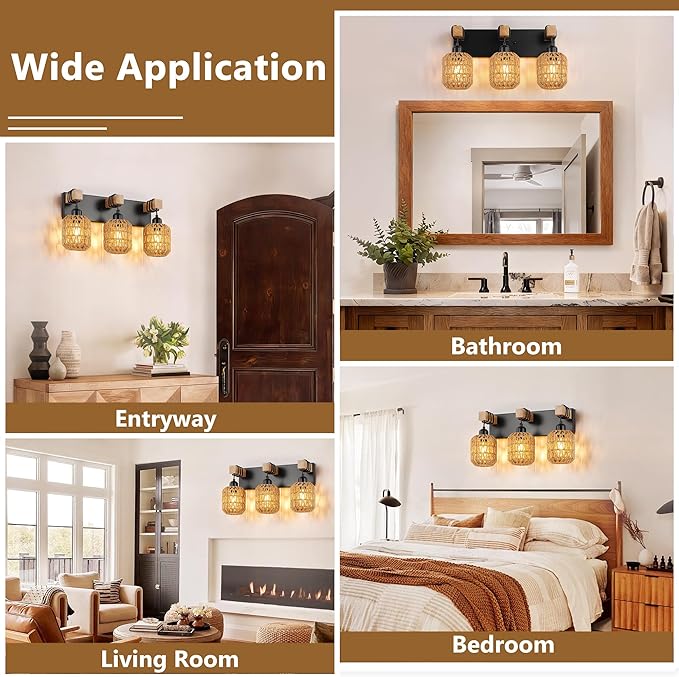 LmnLvn Farmhouse Bathroom Light Fixture, Boho Vanity Light, 3-Light Rattan Bathroom Light Fixture Over Mirror Rustic Vanity Lighting with Handwoven Shades, Suit for Restroom, Bedroom, Hallway