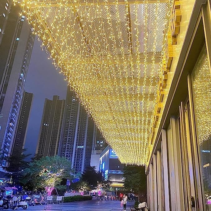 LED Icicle Lights, 8 Modes 16.4FT 112 LEDs Christmas Short Curtain Fairy Hanging Ceiling Extendable Lights for Wedding Balcony Doorway Outdoor Indoor Decoration Warm White, 5M04