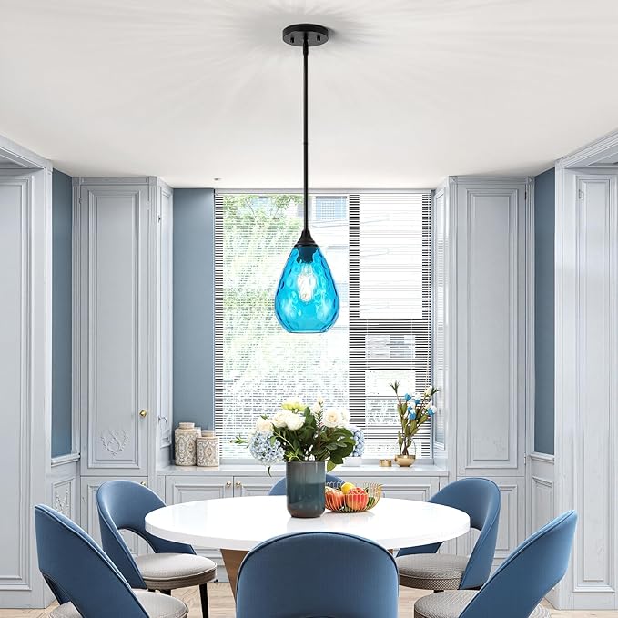 Glass Pendant Lights Kitchen Island, 1-Light Modern Black Pendant Light Fixtures with Blue Hammered Glass and Rods, Small Hanging Light for Kitchen Sink Dining Room Bathroom