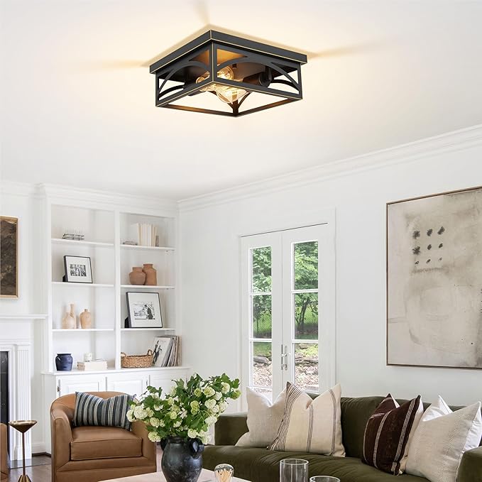 Black Flush Mount Ceiling Light Fixture, Industrial Light Fixture Ceiling Mount for Hallway Kitchen Porch Bedroom, Outdoor Ceiling Light Flush Mount, E26, 1 Pack, Gold Trim