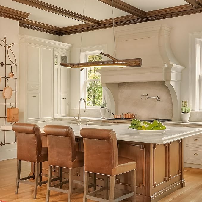 63in Wood Linear Pendant,Modern Dimmable Hanging Light Adjustable Kitchen Island Linear Chandelier for Dining Room Pool Table Light
