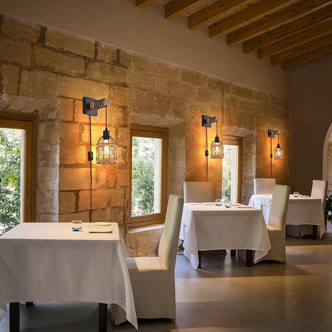 Rustic Wall Sconces Fixtures with Plug in Cord, Set of Two Indoor Vintage Rattan Wall Light Industrial Lamp Fixture Farmhouse Metal Sconces Light for Bedroom Bedside Living Room