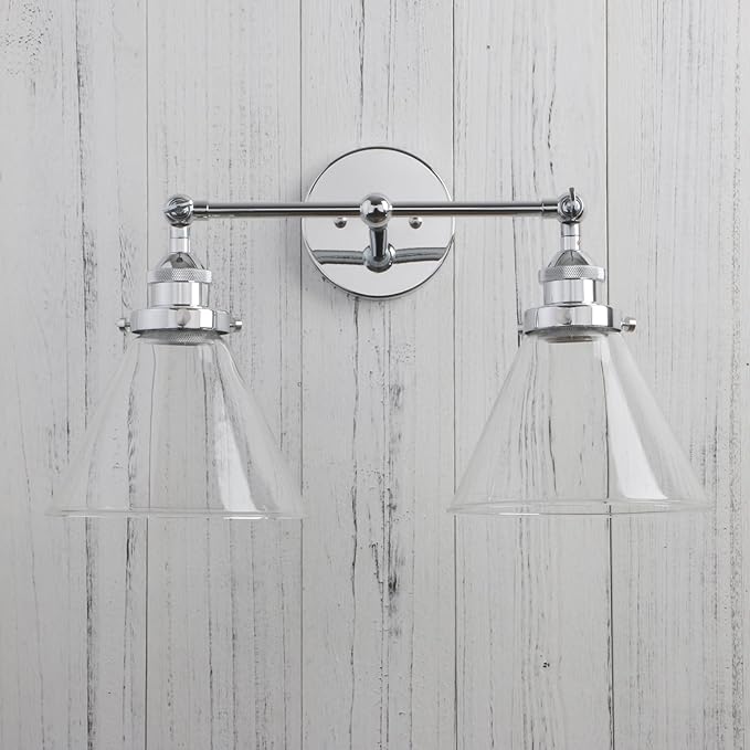 Permo Vintage Industrial Antique 2-Lights Wall Sconces with Dual Funnel Clear Glass Shade (Chrome)