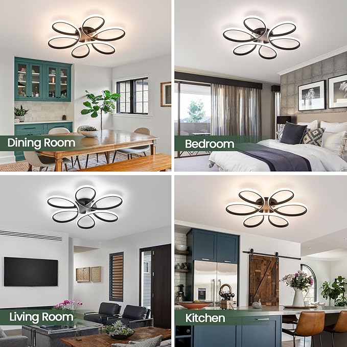 26inch Modern LED Ceiling Light, 6 Rings Flower Flush Mount Light Fixture with Remote Control Black Dimmable Ceiling Lamp for Living Room, Bedroom, Dining Room, Hallway, Kitchen