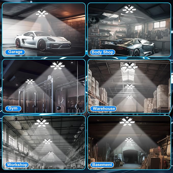 2 Pack Garage Lights, 28000LM Super Bright LED Shop Lights with 6+1 Deformable Panels, 6500K Garage Light Ceiling Led, E26 Socket Screw in Bulb for Warehouse, Workshop, Basement, Attic