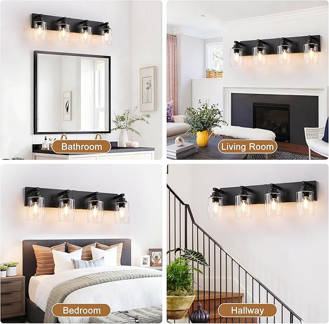 Black Bathroom Light Fixture, 4 Light Matte Black Vanity Light, 27.5" Modern Bathroom Lighting Fixtures Over Mirror, with Clear Glass Shade, Vanity Lights for Bathroom Bedroom Hallway