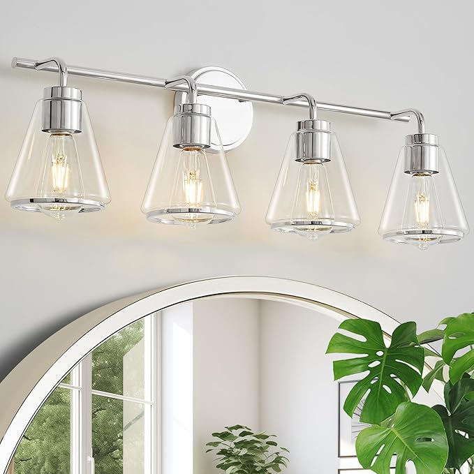 Polished Nickel Bathroom Light Fixtures 4 Light Bathroom Vanity Lights Over Mirror with Clear Glass Shade, 30 Inch Vanity Lights for Bath-Room Modern Wall Sconce Lighting (Exclude E26 Bulb)