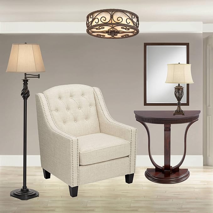 John Timberland Natural Mica Collection Farmhouse Rustic Ceiling Light Flush Mount Fixture 12" Wide Dark Walnut Drum Shade for Bedroom Hallway Living Room Dining Room Bathroom Kitchen