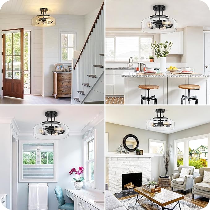 Modern Industrial Semi Flush Mount Ceiling Light with Clear Glass Shade, 3-Bulb Black Ceiling Light Fixture for Kitchen Bedroom Living Room Porch Hallway Entryway, E26 Socket, Bulbs Not Included
