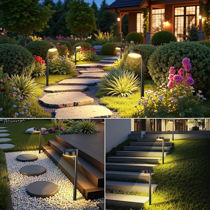 Ahaorigin 12 Pack Solar Pathway Lights Outdoor, 12 Brighter LED Solar Lights Outdoor Waterproof, Up to 12 Hrs Modern Solar Powered Path Light for Yard Garden Walkway Driveway, Warm White