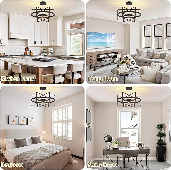 5-Light Modern Semi Flush Mount Ceiling Light, 12.6'' Black Farmhouse Flush Mount Ceiling Light Industrial Ceiling Light Fixture for Entryway Hallway Foyer Dining Room Kitchen Bedroom