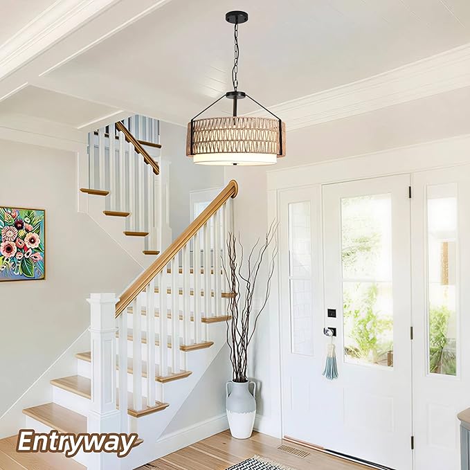 4-Light Boho Light Fixtures 19.7" Rattan Pendant Light Rustic Farmhouse Chandelier for Dining Flush Mount Ceiling Hanging Light Fixture for Hallway Entryway Kitchen Island