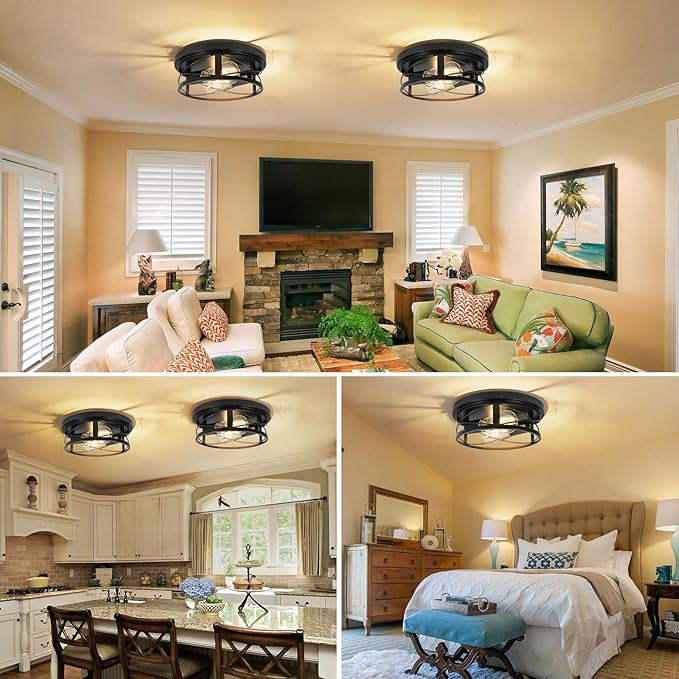 2 Pack Farmhouse Ceiling Light - Dimmable Rustic Black Flush Mount E26(not incude Bulb) Industrial Ceiling Modern Led Light for Hallway Bathroom Kitchen Bedroom (Black, 10 Inch)