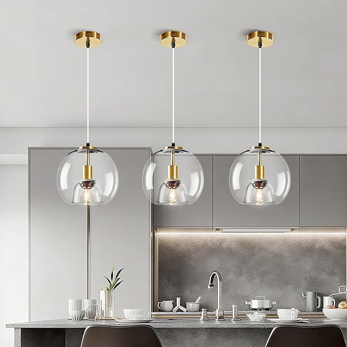 9.1in Large Clear Glass Pendant Light for Kitchen Island – 3-Pack with Extra LED Bulbs & 4.92ft Adjustable Cord | Modern Minimalist Lighting for Dining Room, Living Room, Entryway