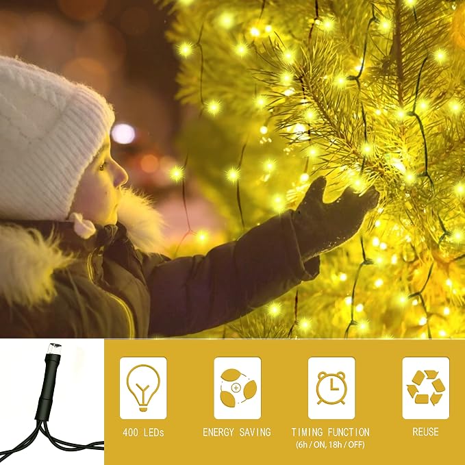 Christmas Tree Lights with Ring 16 Strings 400 LEDs, Xmas String Lights with Timer 6.6FT Easy to Install, Christmas Lights Fairy Tree Light 8 Mode for Xmas Fir Pine Party Decoration Warm White