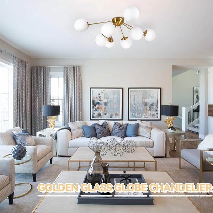8 Light Mid Century Modern Ceiling Light Semi Flush Mount Ceiling Light Fixture Globe Lights Sputnik Chandelier with Milk Glass Shade Brushed Brass Finish for Bedroom Hallway Living Room