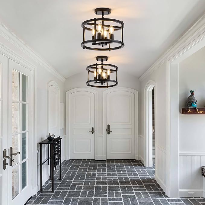 Black Semi Flush Mount Ceiling Light, 4-Light Farmhouse Industrial Ceiling Light Fixture for Hallway Entryway Kitchen Bedroom, Rustic Metal Low Ceiling Light, E12 Base, Bonus Bulbs